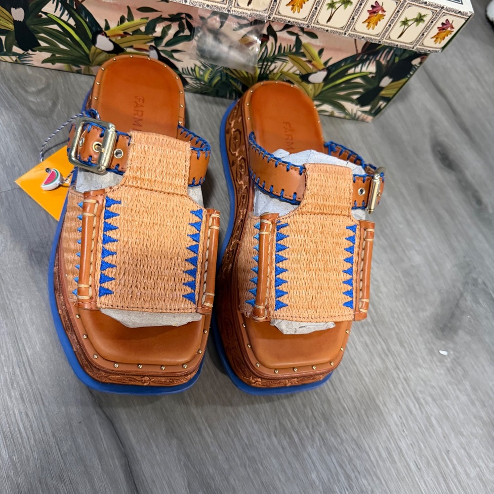 Farm Rio Rust Flatform Mule Embroidered Raffia Platform Sandals Brown Blue 6 36 - Picture 3 of 7
